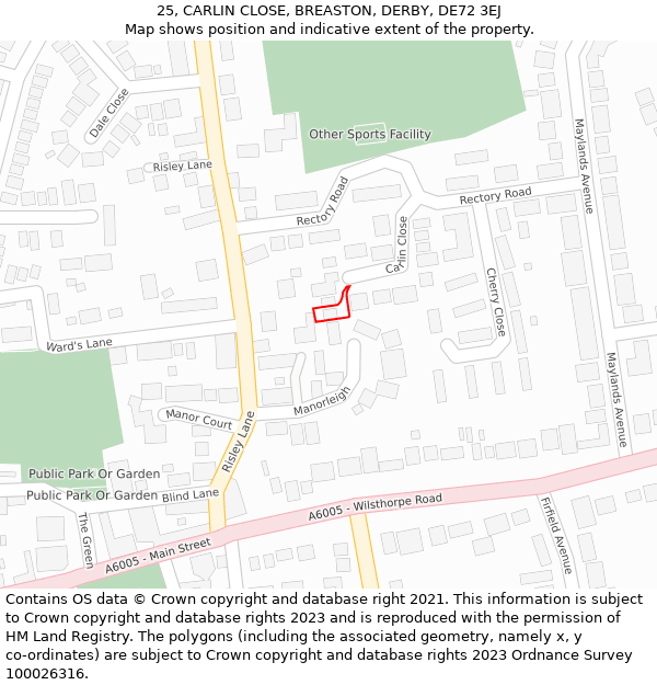 25, CARLIN CLOSE, BREASTON, DERBY, DE72 3EJ: Location map and indicative extent of plot