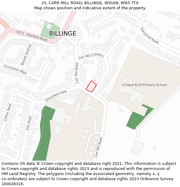 25, CARR MILL ROAD, BILLINGE, WIGAN, WN5 7TX: Location map and indicative extent of plot