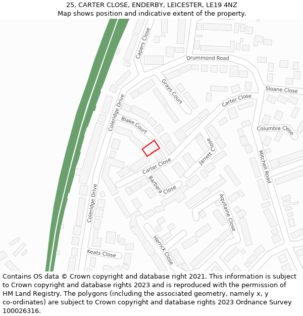 25, CARTER CLOSE, ENDERBY, LEICESTER, LE19 4NZ: Location map and indicative extent of plot