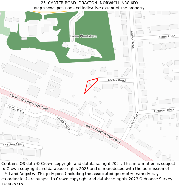 25, CARTER ROAD, DRAYTON, NORWICH, NR8 6DY: Location map and indicative extent of plot