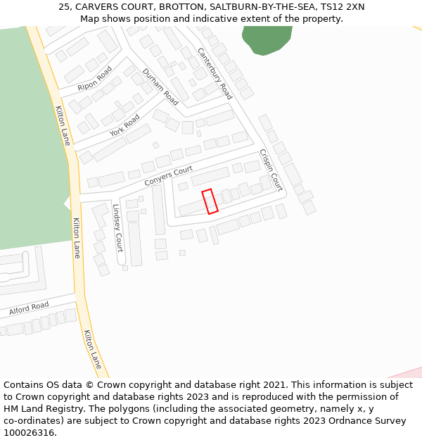 25, CARVERS COURT, BROTTON, SALTBURN-BY-THE-SEA, TS12 2XN: Location map and indicative extent of plot