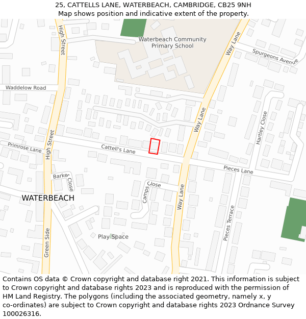 25, CATTELLS LANE, WATERBEACH, CAMBRIDGE, CB25 9NH: Location map and indicative extent of plot