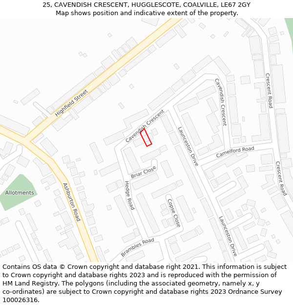 25, CAVENDISH CRESCENT, HUGGLESCOTE, COALVILLE, LE67 2GY: Location map and indicative extent of plot