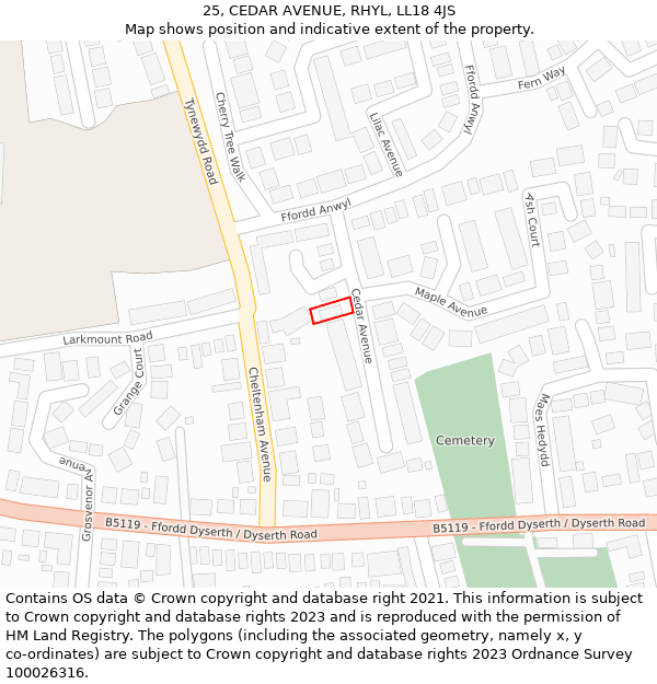 25, CEDAR AVENUE, RHYL, LL18 4JS: Location map and indicative extent of plot