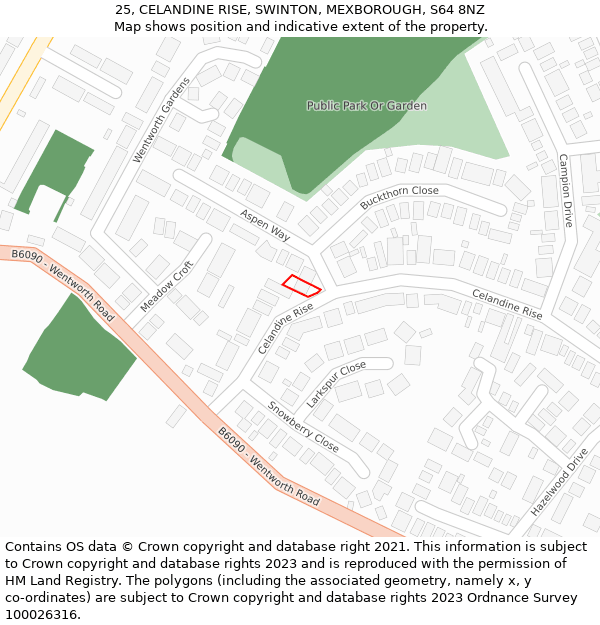 25, CELANDINE RISE, SWINTON, MEXBOROUGH, S64 8NZ: Location map and indicative extent of plot