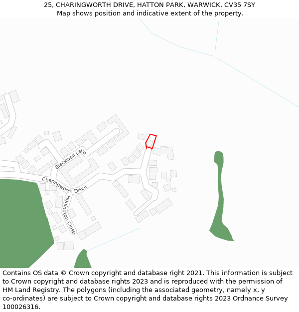 25, CHARINGWORTH DRIVE, HATTON PARK, WARWICK, CV35 7SY: Location map and indicative extent of plot