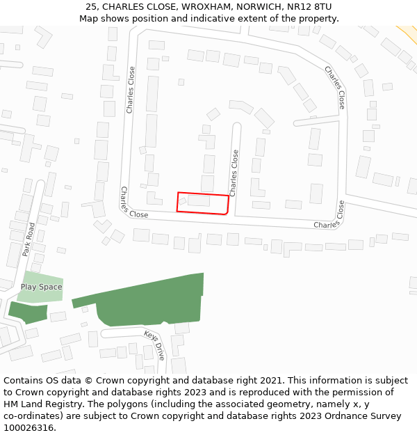 25, CHARLES CLOSE, WROXHAM, NORWICH, NR12 8TU: Location map and indicative extent of plot