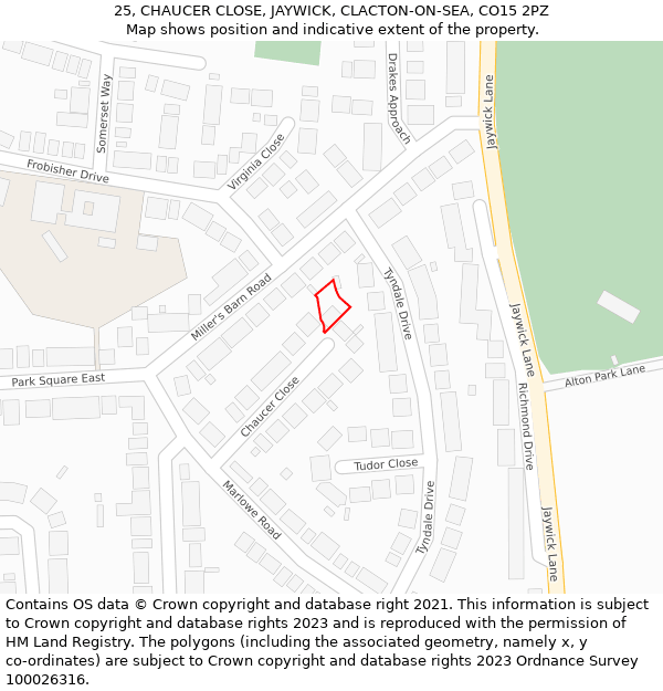 25, CHAUCER CLOSE, JAYWICK, CLACTON-ON-SEA, CO15 2PZ: Location map and indicative extent of plot