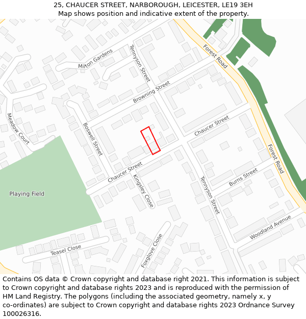 25, CHAUCER STREET, NARBOROUGH, LEICESTER, LE19 3EH: Location map and indicative extent of plot