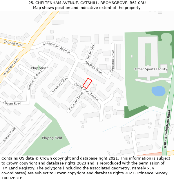 25, CHELTENHAM AVENUE, CATSHILL, BROMSGROVE, B61 0RU: Location map and indicative extent of plot