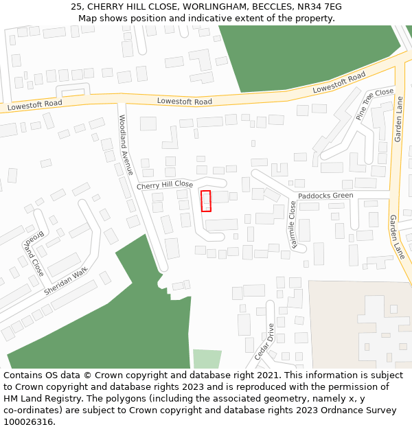 25, CHERRY HILL CLOSE, WORLINGHAM, BECCLES, NR34 7EG: Location map and indicative extent of plot