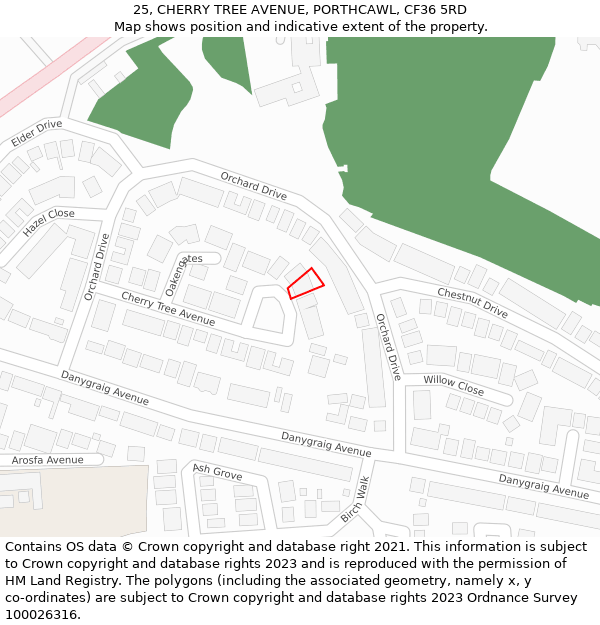 25, CHERRY TREE AVENUE, PORTHCAWL, CF36 5RD: Location map and indicative extent of plot