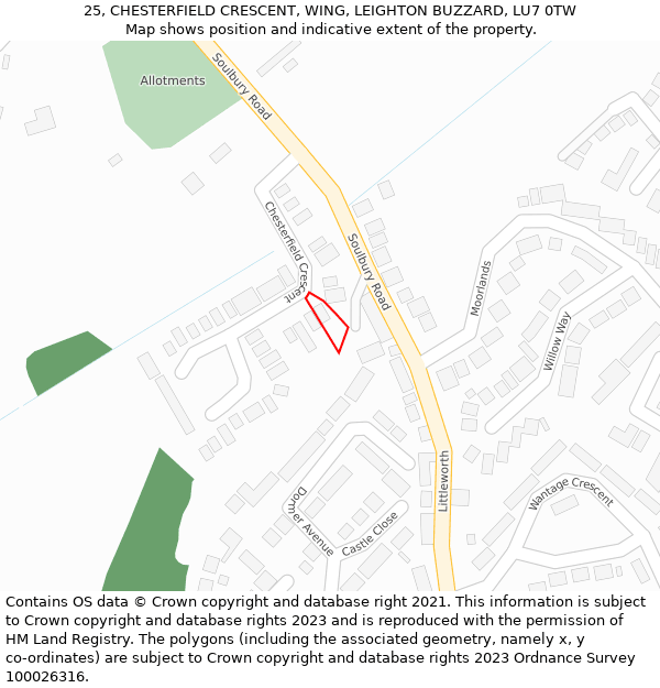 25, CHESTERFIELD CRESCENT, WING, LEIGHTON BUZZARD, LU7 0TW: Location map and indicative extent of plot