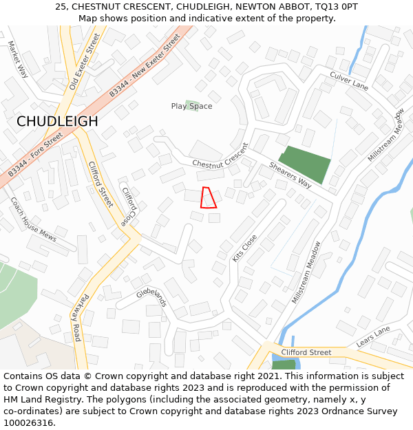 25, CHESTNUT CRESCENT, CHUDLEIGH, NEWTON ABBOT, TQ13 0PT: Location map and indicative extent of plot