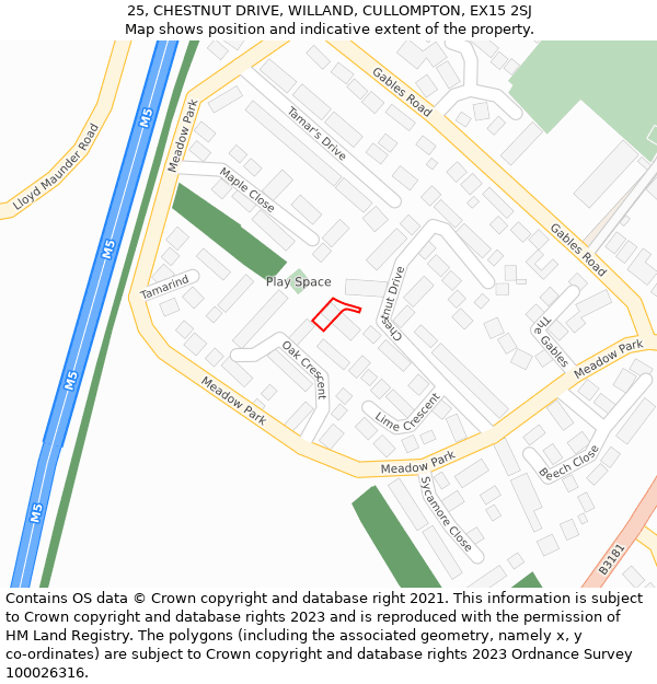 25, CHESTNUT DRIVE, WILLAND, CULLOMPTON, EX15 2SJ: Location map and indicative extent of plot