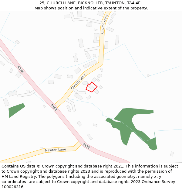 25, CHURCH LANE, BICKNOLLER, TAUNTON, TA4 4EL: Location map and indicative extent of plot