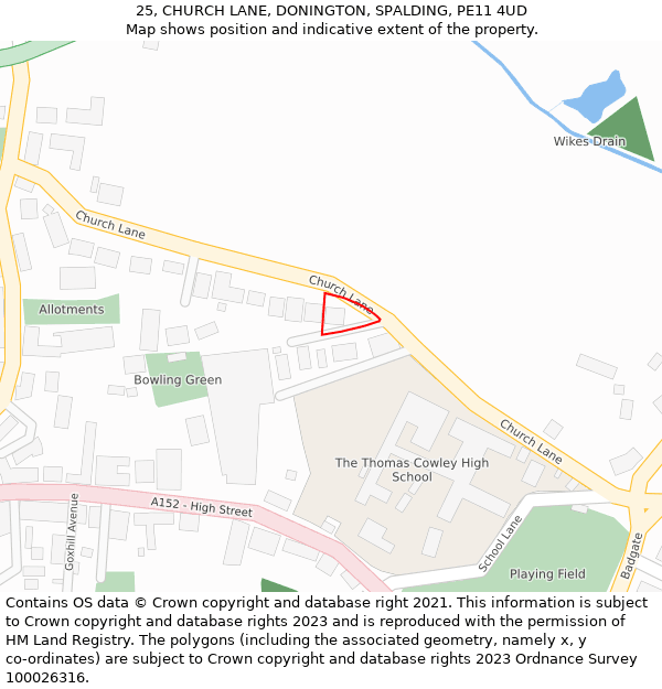 25, CHURCH LANE, DONINGTON, SPALDING, PE11 4UD: Location map and indicative extent of plot