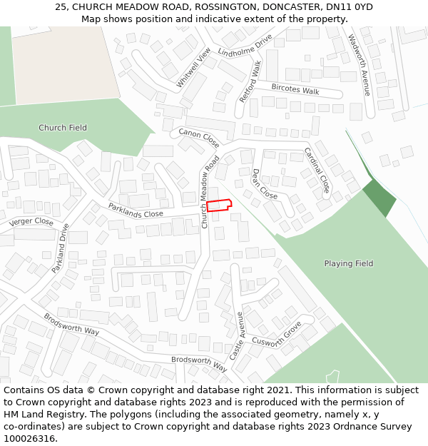 25, CHURCH MEADOW ROAD, ROSSINGTON, DONCASTER, DN11 0YD: Location map and indicative extent of plot