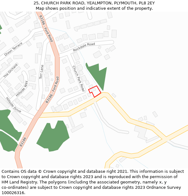 25, CHURCH PARK ROAD, YEALMPTON, PLYMOUTH, PL8 2EY: Location map and indicative extent of plot