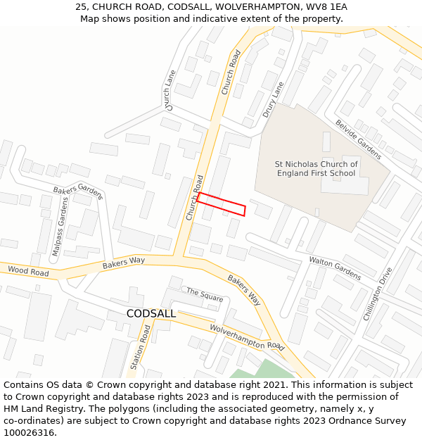 25, CHURCH ROAD, CODSALL, WOLVERHAMPTON, WV8 1EA: Location map and indicative extent of plot