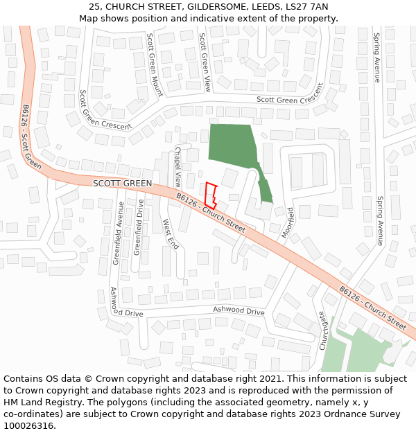 25, CHURCH STREET, GILDERSOME, LEEDS, LS27 7AN: Location map and indicative extent of plot