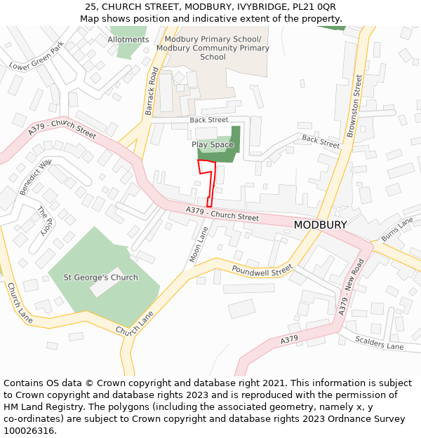 25, CHURCH STREET, MODBURY, IVYBRIDGE, PL21 0QR: Location map and indicative extent of plot