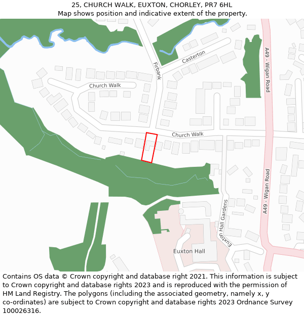 25, CHURCH WALK, EUXTON, CHORLEY, PR7 6HL: Location map and indicative extent of plot