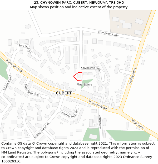 25, CHYNOWEN PARC, CUBERT, NEWQUAY, TR8 5HD: Location map and indicative extent of plot