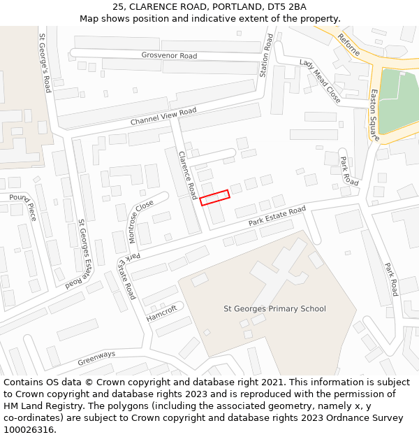 25, CLARENCE ROAD, PORTLAND, DT5 2BA: Location map and indicative extent of plot