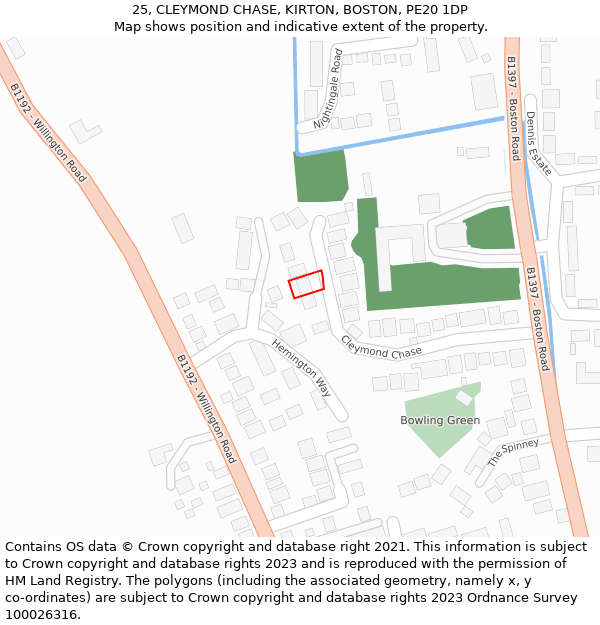 25, CLEYMOND CHASE, KIRTON, BOSTON, PE20 1DP: Location map and indicative extent of plot