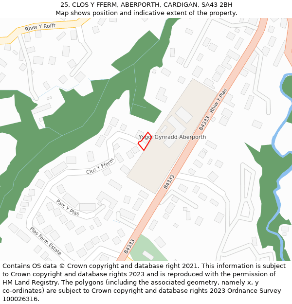 25, CLOS Y FFERM, ABERPORTH, CARDIGAN, SA43 2BH: Location map and indicative extent of plot