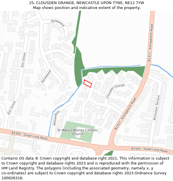 25, CLOUSDEN GRANGE, NEWCASTLE UPON TYNE, NE12 7YW: Location map and indicative extent of plot