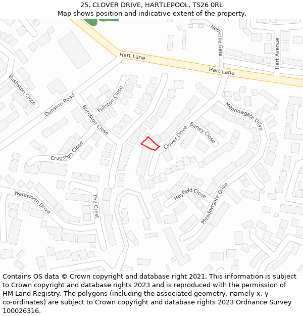 25, CLOVER DRIVE, HARTLEPOOL, TS26 0RL: Location map and indicative extent of plot