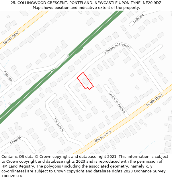 25, COLLINGWOOD CRESCENT, PONTELAND, NEWCASTLE UPON TYNE, NE20 9DZ: Location map and indicative extent of plot