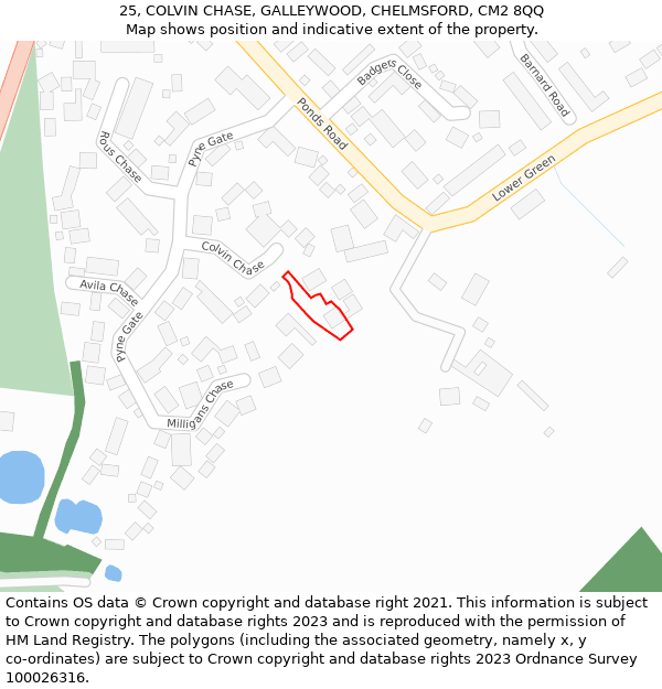 25, COLVIN CHASE, GALLEYWOOD, CHELMSFORD, CM2 8QQ: Location map and indicative extent of plot