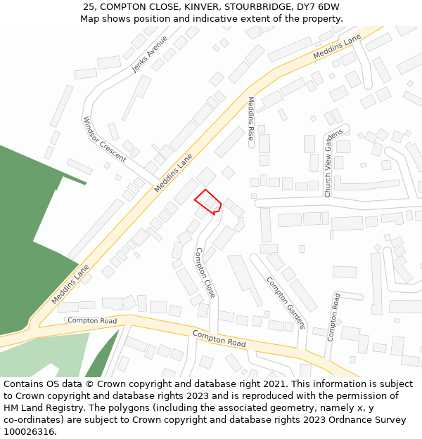 25, COMPTON CLOSE, KINVER, STOURBRIDGE, DY7 6DW: Location map and indicative extent of plot