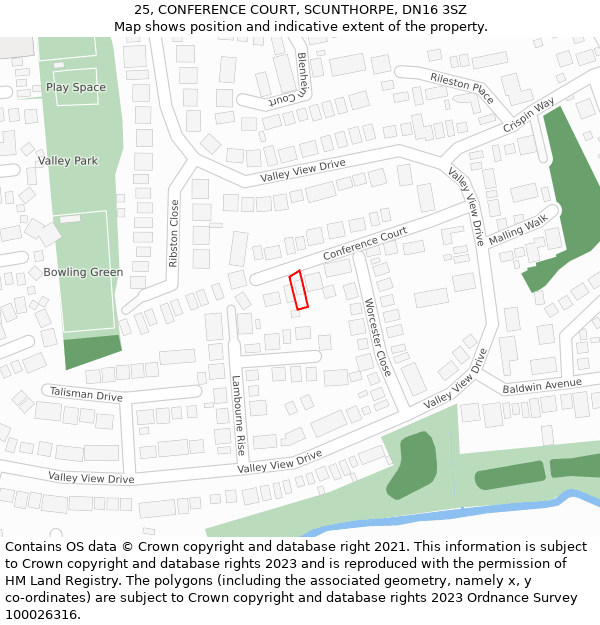 25, CONFERENCE COURT, SCUNTHORPE, DN16 3SZ: Location map and indicative extent of plot