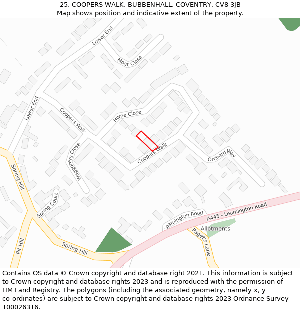 25, COOPERS WALK, BUBBENHALL, COVENTRY, CV8 3JB: Location map and indicative extent of plot