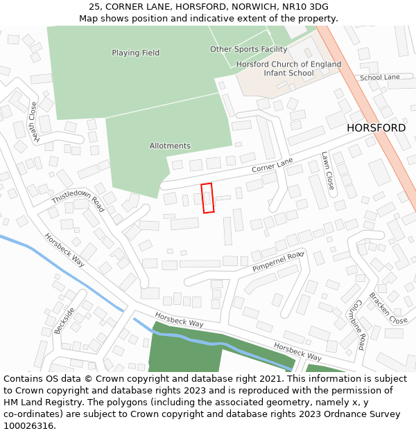 25, CORNER LANE, HORSFORD, NORWICH, NR10 3DG: Location map and indicative extent of plot