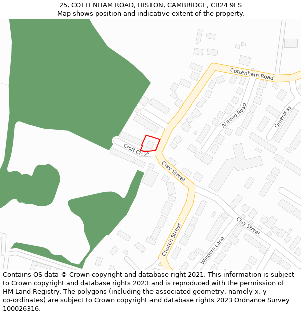 25, COTTENHAM ROAD, HISTON, CAMBRIDGE, CB24 9ES: Location map and indicative extent of plot