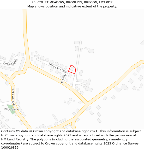 25, COURT MEADOW, BRONLLYS, BRECON, LD3 0DZ: Location map and indicative extent of plot