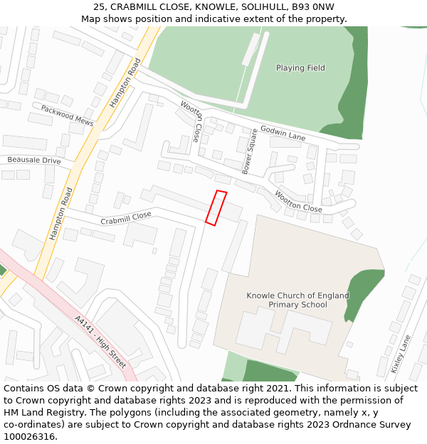 25, CRABMILL CLOSE, KNOWLE, SOLIHULL, B93 0NW: Location map and indicative extent of plot