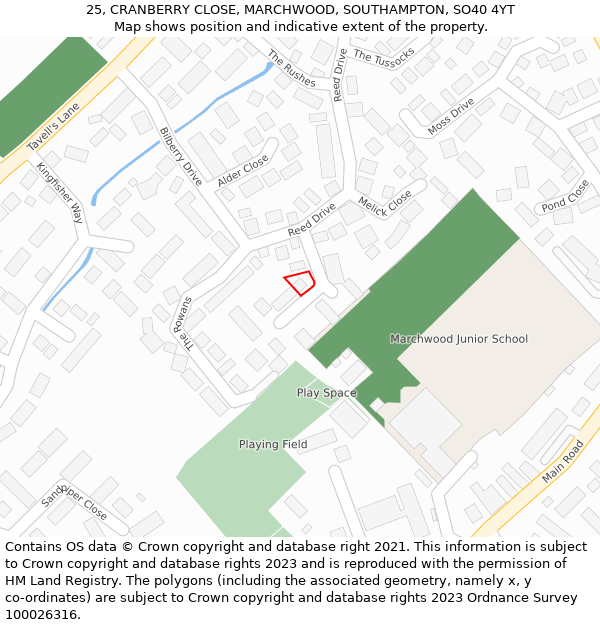 25, CRANBERRY CLOSE, MARCHWOOD, SOUTHAMPTON, SO40 4YT: Location map and indicative extent of plot