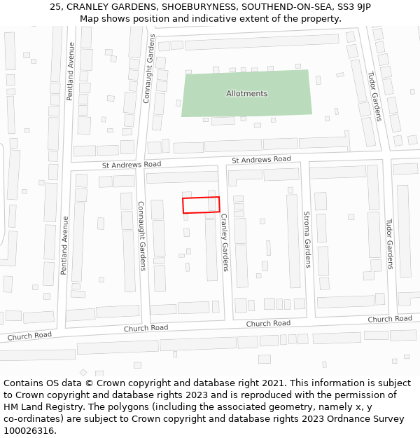 25, CRANLEY GARDENS, SHOEBURYNESS, SOUTHEND-ON-SEA, SS3 9JP: Location map and indicative extent of plot