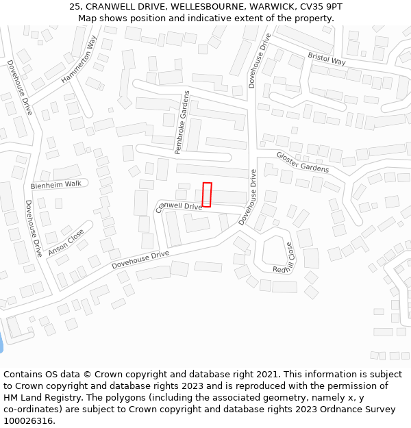 25, CRANWELL DRIVE, WELLESBOURNE, WARWICK, CV35 9PT: Location map and indicative extent of plot