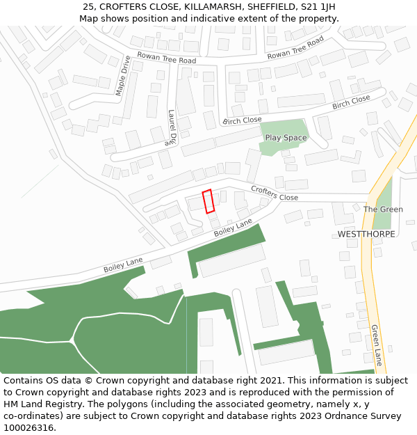 25, CROFTERS CLOSE, KILLAMARSH, SHEFFIELD, S21 1JH: Location map and indicative extent of plot