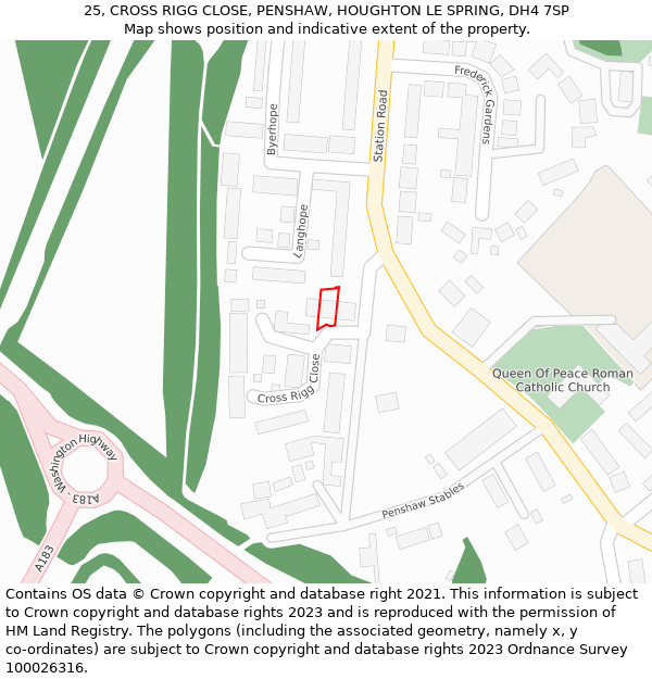 25, CROSS RIGG CLOSE, PENSHAW, HOUGHTON LE SPRING, DH4 7SP: Location map and indicative extent of plot