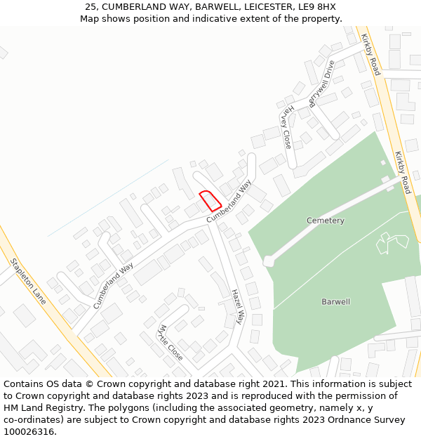 25, CUMBERLAND WAY, BARWELL, LEICESTER, LE9 8HX: Location map and indicative extent of plot