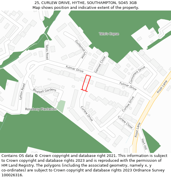 25, CURLEW DRIVE, HYTHE, SOUTHAMPTON, SO45 3GB: Location map and indicative extent of plot