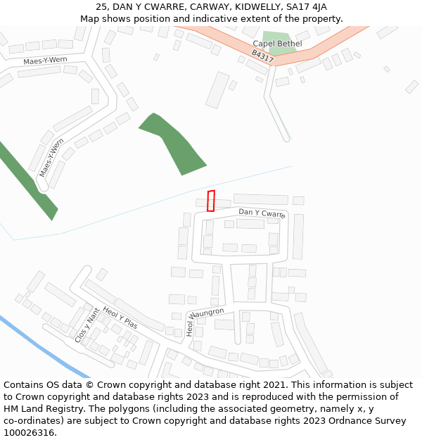 25, DAN Y CWARRE, CARWAY, KIDWELLY, SA17 4JA: Location map and indicative extent of plot